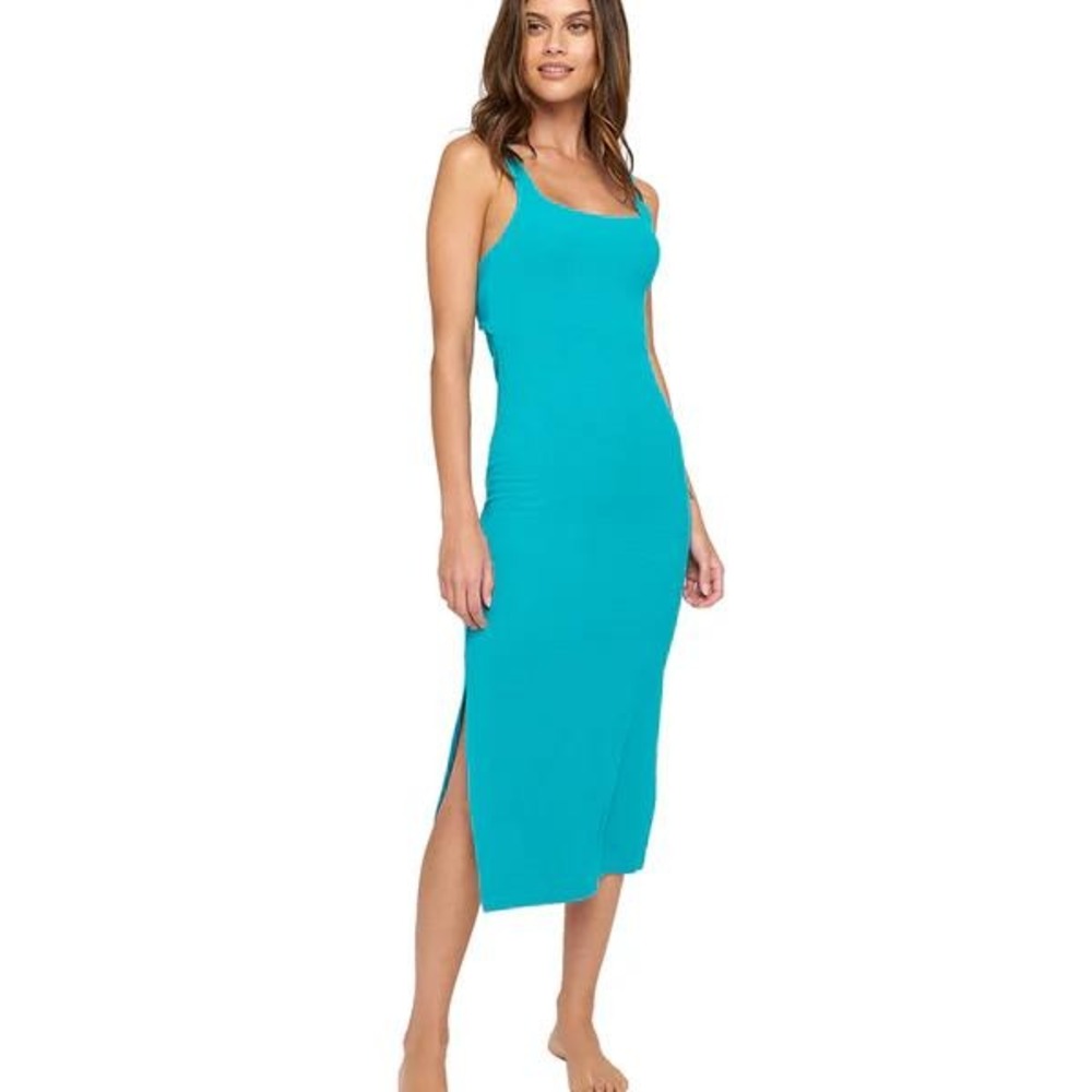 Spiritual‎ Gangster Women Teal Ribbed Twist Back Side Slit Midi Dress Large